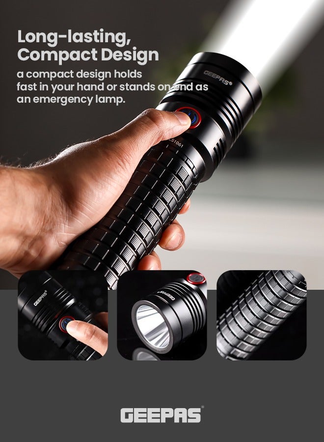 GEEPAS Rechargeable LED Flashlight with High Capacity Lithium Battery /Aircraft Aluminium Body/Mobile Charging/Type C Charging /GFL51061, Black - Image 4