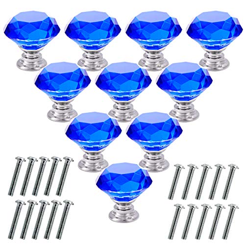 Akstore 10 Pcs Crystal Glass Cabinet Knobs 30mm Diamond Shape Drawer Kitchen Cabinets Dresser Cupboard Wardrobe Pulls Handles (Blue) - Image 1