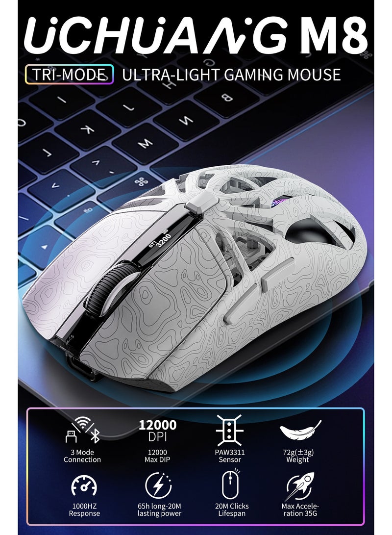 أوتشوانغ ماوس قيمنق M8 لاسلكي خفيف الوزن مع شاشة عرض رقمية وقاعدة شحن RGB قابلة للتعديل بإصبع واحد، ثلاثي الوضع (2.4G/USB-C/بلوتوث)، مستشعر 12K DPI، مفتاح Huano، 5 أزرار قابلة للبرمجة للكمبيوتر والماك - أبيض ماوس - Image 2