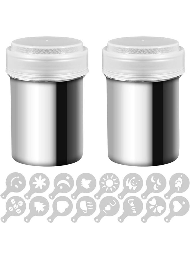 Ant 2Pcs Stainless Steel Powder Shakers, Powdered Sugar Shaker Duster, Mesh Shaker Powder Cans for Coffee Cocoa Cinnamon Powder with Lid, with 16 pcs Printing Molds Stencils - Image 1