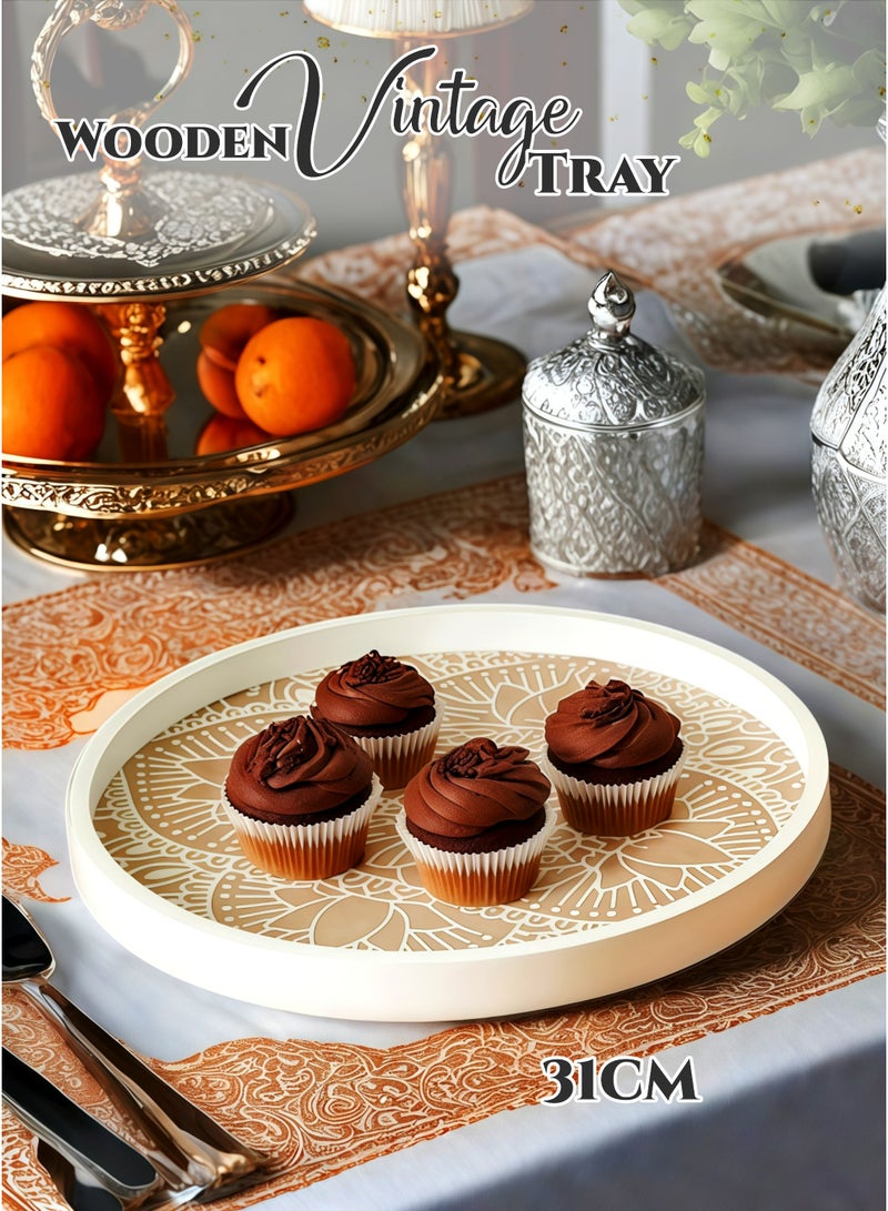 White Round Wooden Tray 31cm - Traditional Ramadan Decorative Serving Tray ,Dessert Plate,Display Platter for Decor, for Entryway, Dining Table Organizer, Desserts, Fruits, Jewellery, Perfume Organizer, Retro Design, Durable & Easy Clean - Image 1