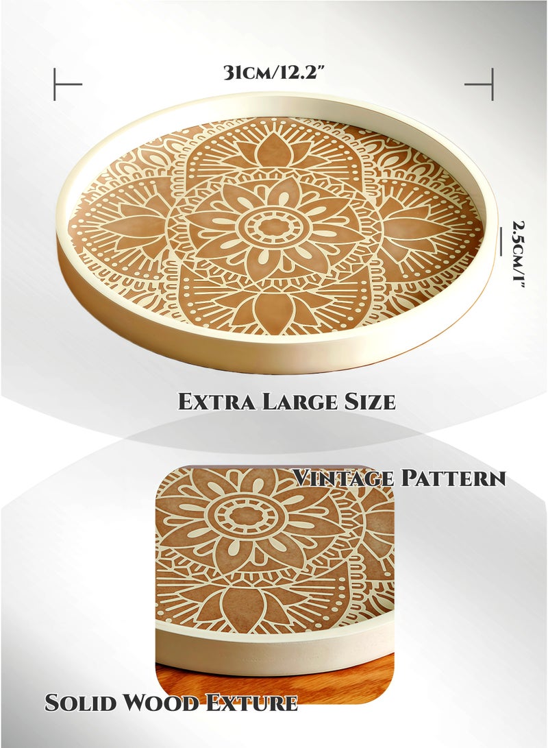 White Round Wooden Tray 31cm - Traditional Ramadan Decorative Serving Tray ,Dessert Plate,Display Platter for Decor, for Entryway, Dining Table Organizer, Desserts, Fruits, Jewellery, Perfume Organizer, Retro Design, Durable & Easy Clean - Image 2