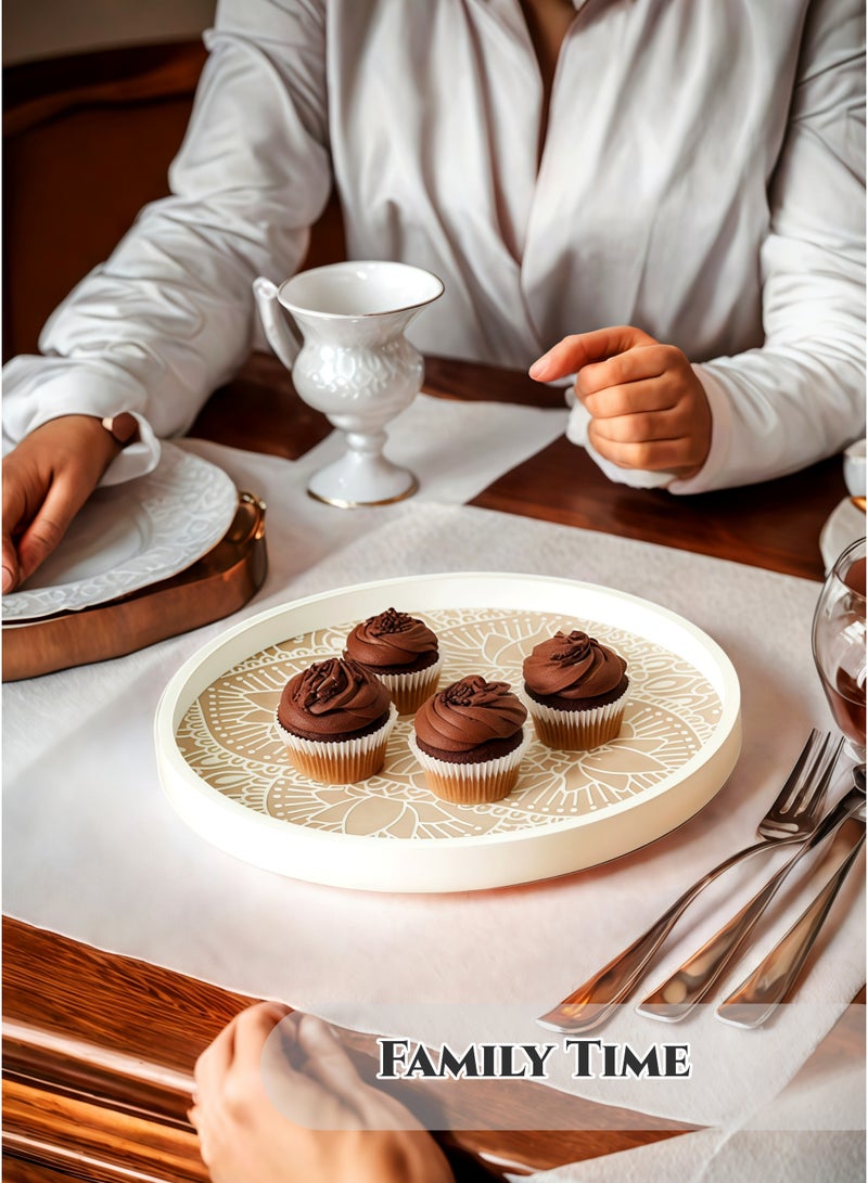 White Round Wooden Tray 31cm - Traditional Ramadan Decorative Serving Tray ,Dessert Plate,Display Platter for Decor, for Entryway, Dining Table Organizer, Desserts, Fruits, Jewellery, Perfume Organizer, Retro Design, Durable & Easy Clean - Image 5