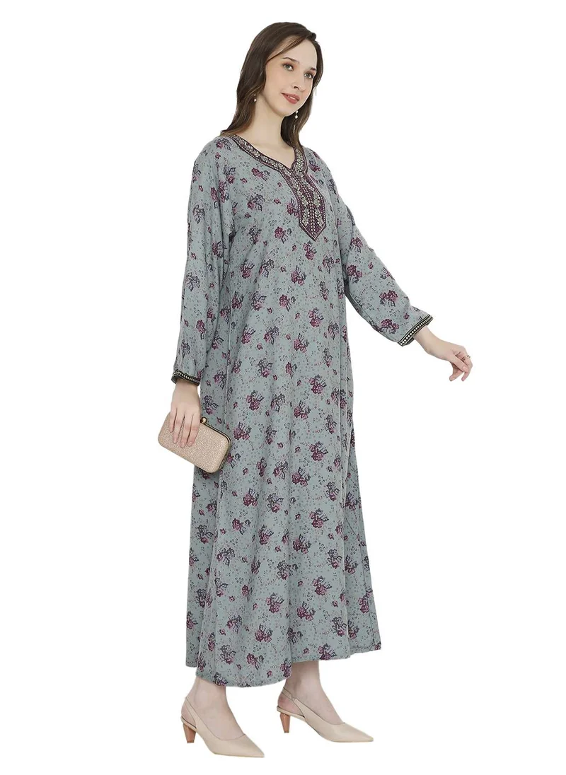 HANA & SARA LONG FLORAL PRINTED WITH SMALL STONE WORK ON EMBROIDERY STYLISH ARABIC KAFTAN JALABIYA DRESSES