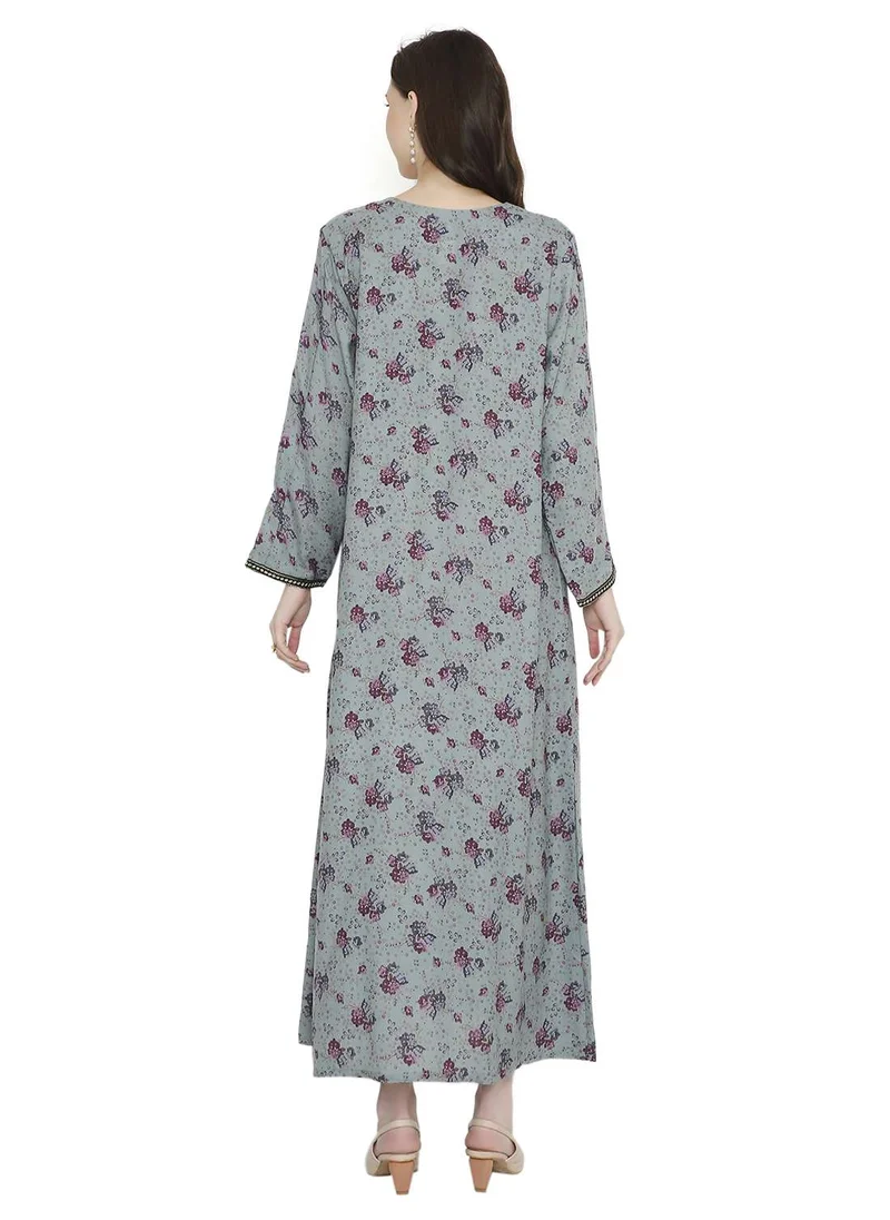 HANA & SARA LONG FLORAL PRINTED WITH SMALL STONE WORK ON EMBROIDERY STYLISH ARABIC KAFTAN JALABIYA DRESSES