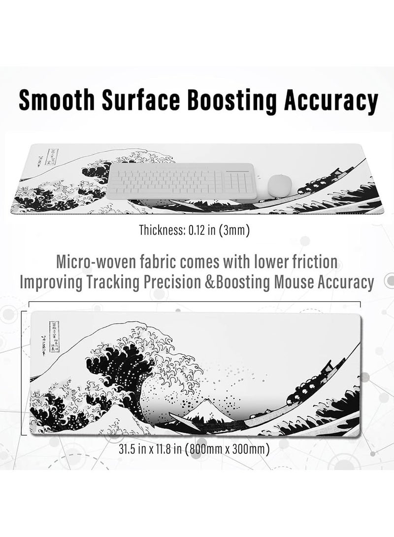 TREYO Japanese Ink Wave Large Gaming Mouse Pad - 800 * 300 * 3mm XL Desk Mat | Anti-Slip Base & Spill-Resistant | Stitched Edges for Long-Lasting Durability | Perfect for Keyboard & Mouse Setup  - Image 4