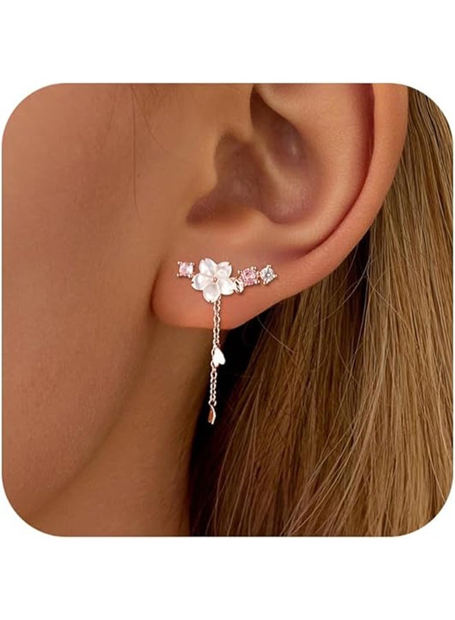 925 Sterling Silver Shell Pearl Flowers CZ Ear Cuffs Hoop Climber Earrings for Women Cartilage Cherry Blossom Earring to Daughter Mom Dainty Tassel Crawler Earrings Mothers Day Birthday Jewelry Gifts - Image 4