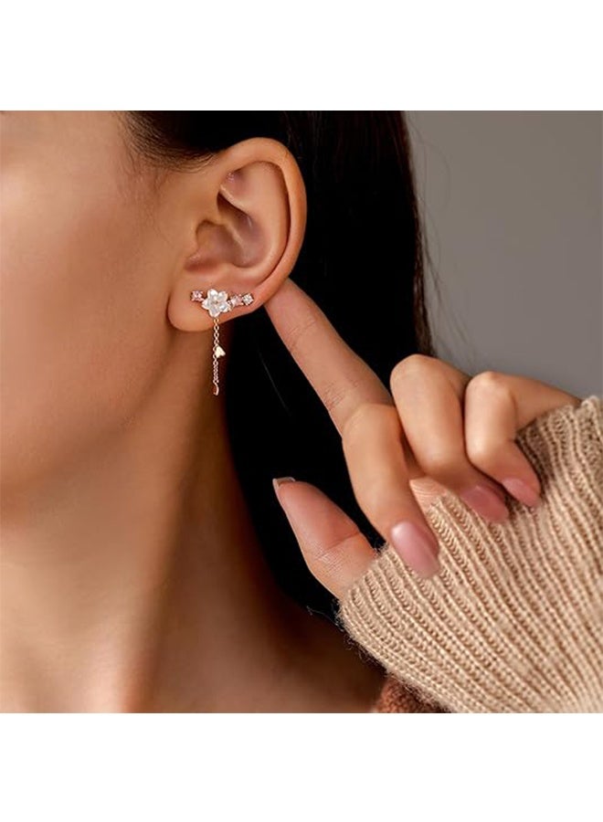 925 Sterling Silver Shell Pearl Flowers CZ Ear Cuffs Hoop Climber Earrings for Women Cartilage Cherry Blossom Earring to Daughter Mom Dainty Tassel Crawler Earrings Mothers Day Birthday Jewelry Gifts - Image 3