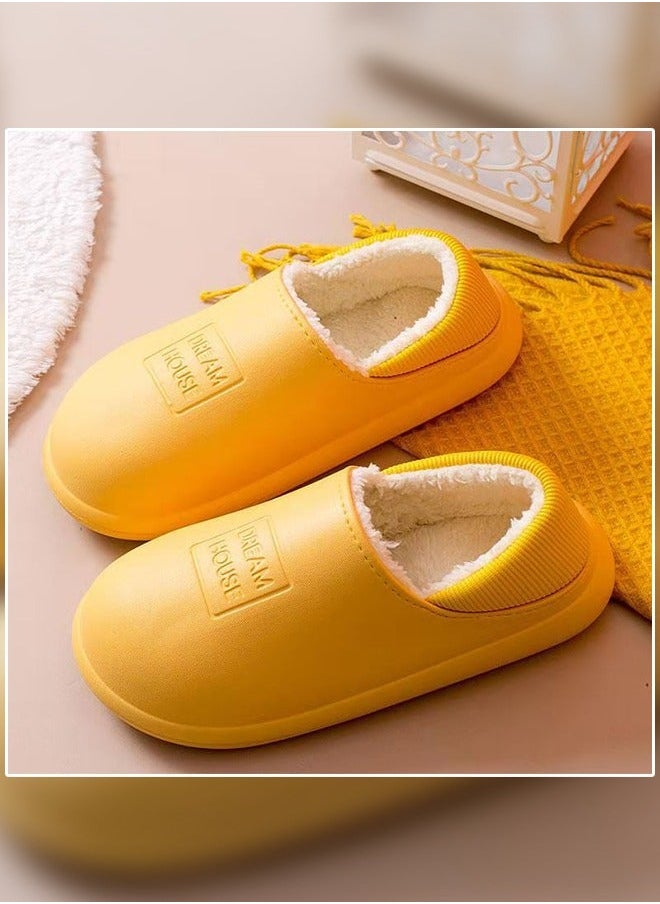 NIBEMINENT - Autumn and Winter All-inclusive Waterproof Cotton Bedroom Slippers Non-slip Wear-resistant Warm Home Indoor for Women Yellow - Image 1