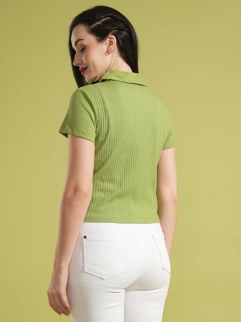 globus Women Self Design Rib Cotton Shirt Style Top