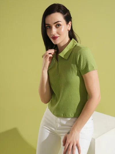 globus Women Self Design Rib Cotton Shirt Style Top