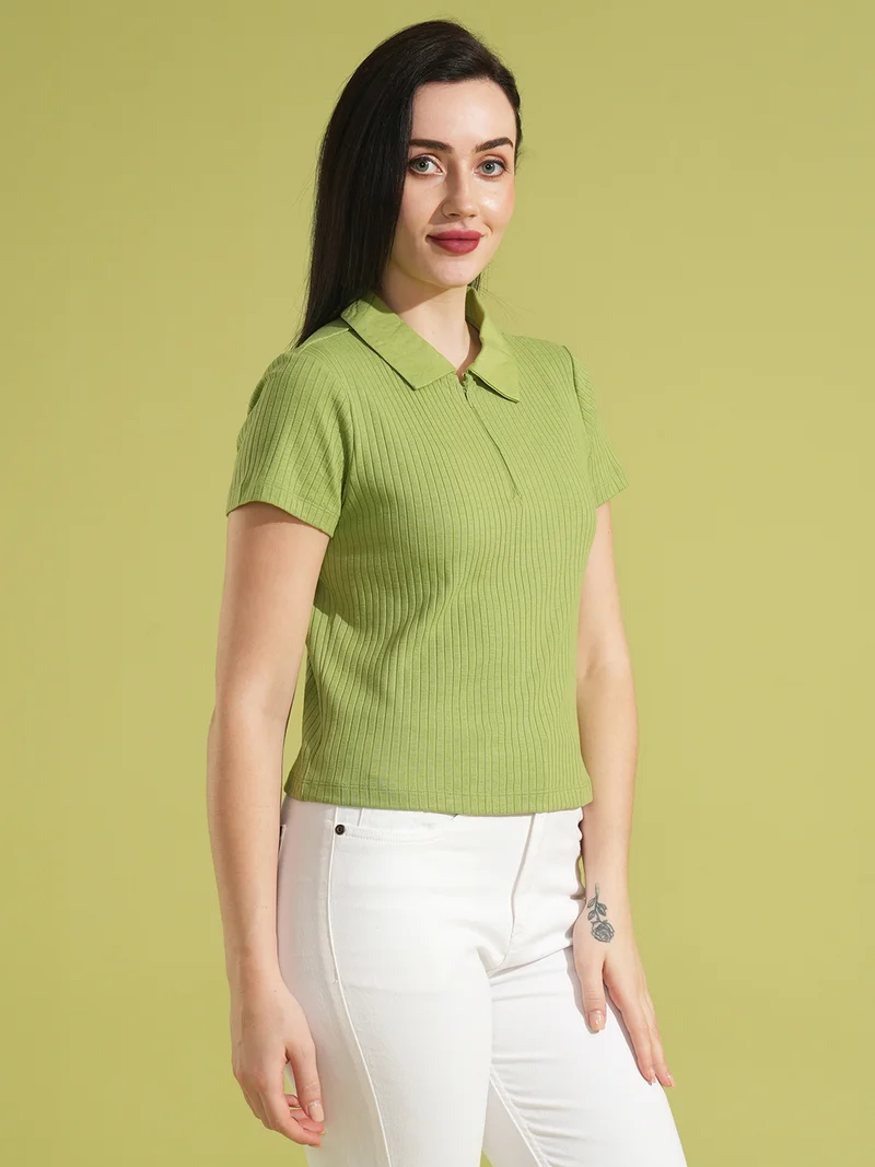 globus Women Self Design Rib Cotton Shirt Style Top