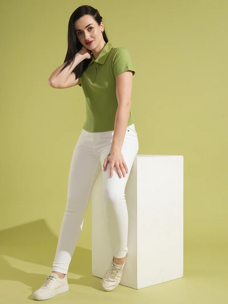 globus Women Self Design Rib Cotton Shirt Style Top