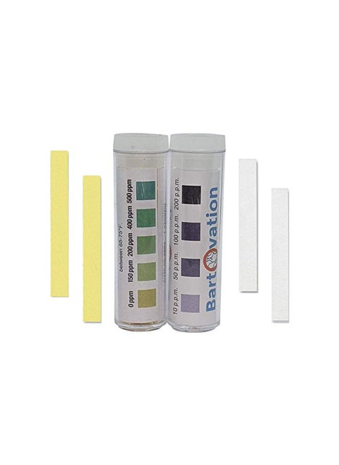 Restaurant Sanitizer Test Kit for Quaternary Ammonium (QAC, Multi Quat) 0-500 ppm & Chlorine 10-200 ppm Test Paper [2 Vials of 100 Paper Strips]