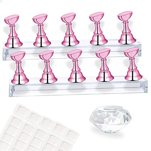 MISSELF Nail Holder for Nail Art Practice Nail Stands for False Nails Painting 30 pcs of adhesive putty 1 Crystal Base 2 Sets Magnetic Acrylic Metal Pink - Image 2