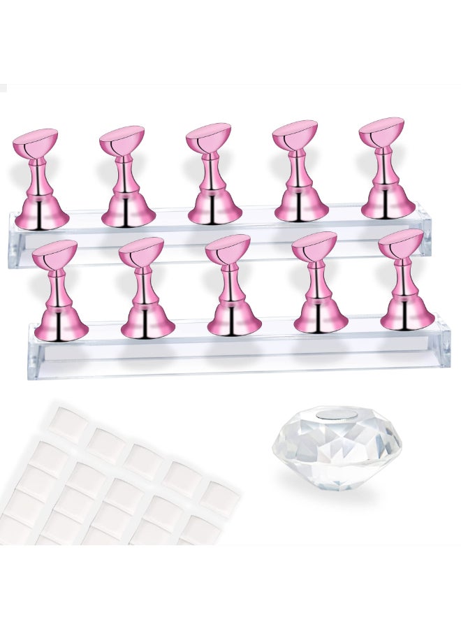 MISSELF Nail Holder for Nail Art Practice Nail Stands for False Nails Painting 30 pcs of adhesive putty 1 Crystal Base 2 Sets Magnetic Acrylic Metal Pink - Image 3