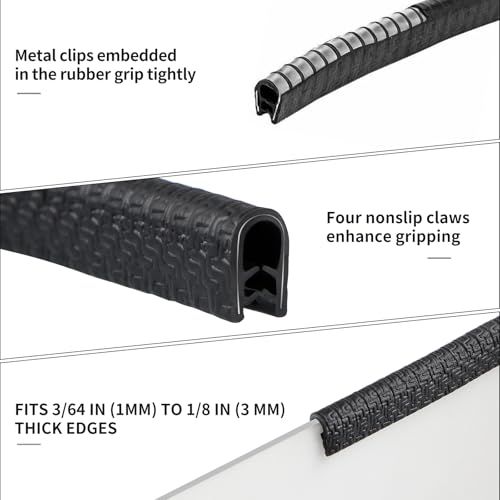 Sanbege Rubber Edge Trim Guard 10ft/3m, Adhesive Free Door Edge Protector, U Shape Edge Seal Strip with Embedded Metal Clips Fits 3/64" to 1/8" Thick Edges (Black) - Image 3