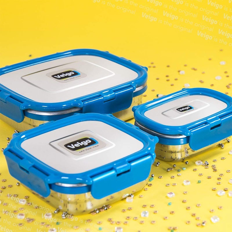 Veigo Veigo Premium Finish Classic Celebration Big Small Medium Stainless Steel Lunch Box Airtight Leakproof Easy to fit into Any Bags Perfect for OfficeSchoolOutdoor630ml330ml180ml Dark Blue  - Image 1