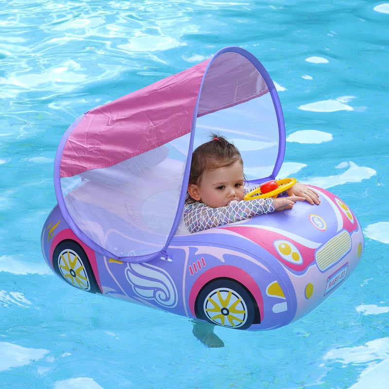 Swimbobo Toddler Pool Float Inflatable Car Baby Swim Float with Adjustable Sun Canopy and Safety Seat Pool Toys for Kids 3+ Years Old(Purple Pink Car) - Image 1