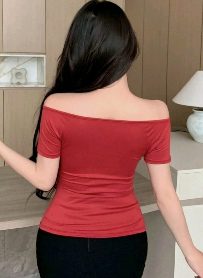 DAZY Women's Summer Solid Color Overlapping V-Neck Short Sleeve Slim Fit T-Shirt With Pleats  - Image 4