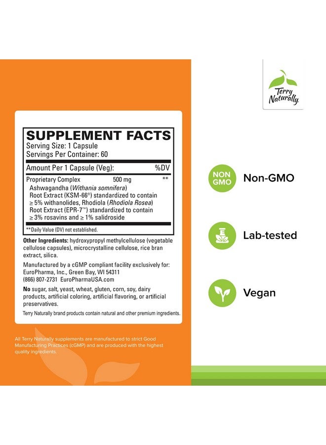 Terry Naturally Adaptra - Supplement to Support Adrenal Health - Ashwagandha Supplement with Rhodiola Rosea Extract - Herbal Supplement to Support Energy & Concentration - 60 Capsules - Image 2