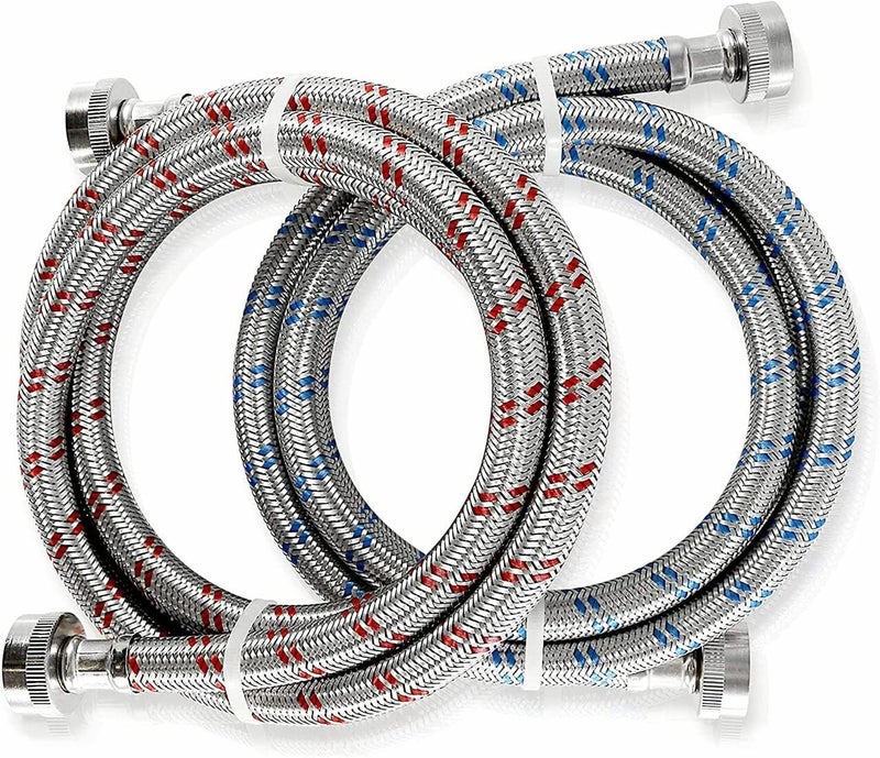 KJ Premium 6ft Washing Machine Hoses Burst Proof 2 Pack - Hot and Cold Water Supply Hoses for Washing Machines (Stainless Steel) - Image 1