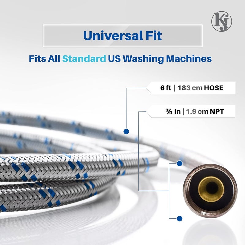 KJ Premium 6ft Washing Machine Hoses Burst Proof 2 Pack - Hot and Cold Water Supply Hoses for Washing Machines (Stainless Steel) - Image 5