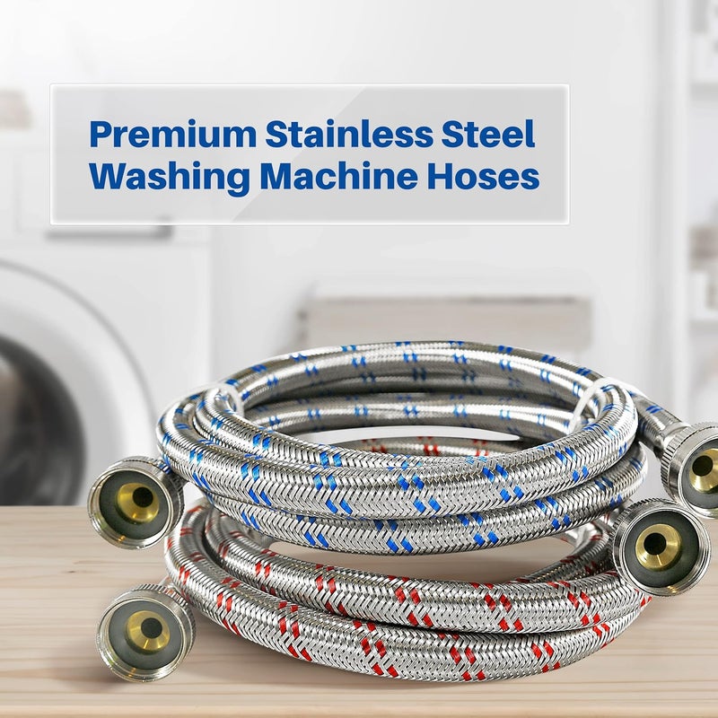 KJ Premium 6ft Washing Machine Hoses Burst Proof 2 Pack - Hot and Cold Water Supply Hoses for Washing Machines (Stainless Steel) - Image 2
