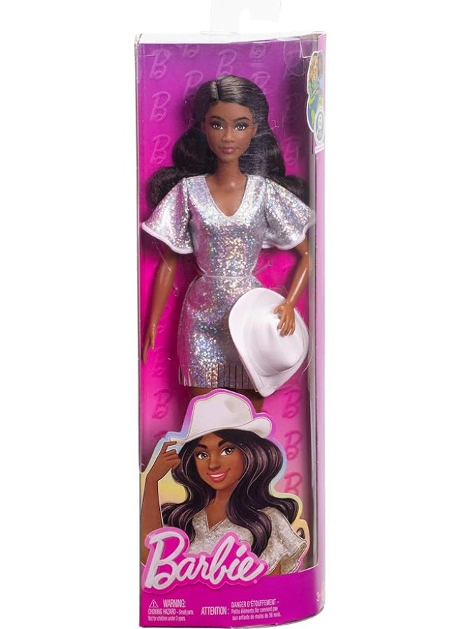 Barbie Fashionistas Doll #239 with Black Hair Wearing Sparkly Silver Fringe Dress with Western Accessories like White Cowboy Hat and Boots - Image 4