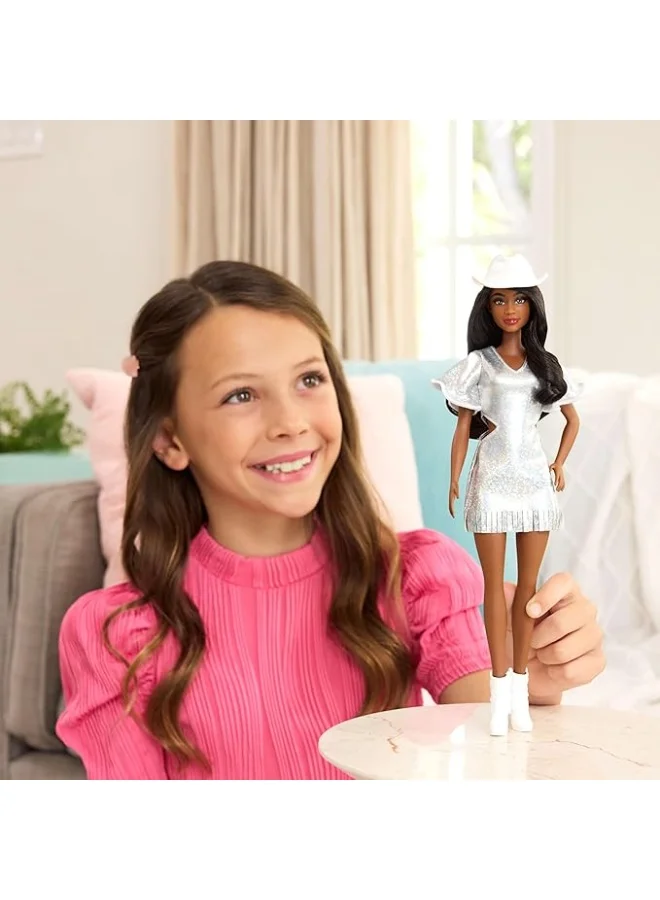 Barbie Fashionistas Doll #239 with Black Hair Wearing Sparkly Silver Fringe Dress with Western Accessories like White Cowboy Hat and Boots