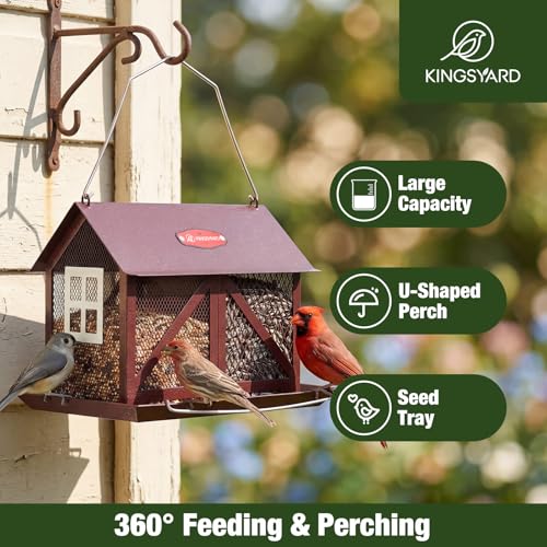 Kingsyard Metal Bird Feeder for Outdoors Hanging 2in1 Wild Bird Feeder with Seed Tray Builtin Perch 5 lb Large Capacity for Cardinal Chickadee Finch Bronze - Image 3