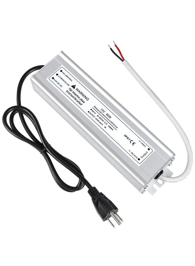 LightingWill Waterproof IP67 LED Power Supply Driver Transformer 60W 220V AC to 12V DC Low Voltage Output with 3-Prong UK Plug 3.3 Feet Cable for Outdoor Use - Image 1