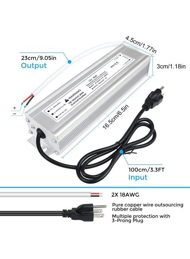 LightingWill Waterproof IP67 LED Power Supply Driver Transformer 60W 220V AC to 12V DC Low Voltage Output with 3-Prong UK Plug 3.3 Feet Cable for Outdoor Use - Image 3