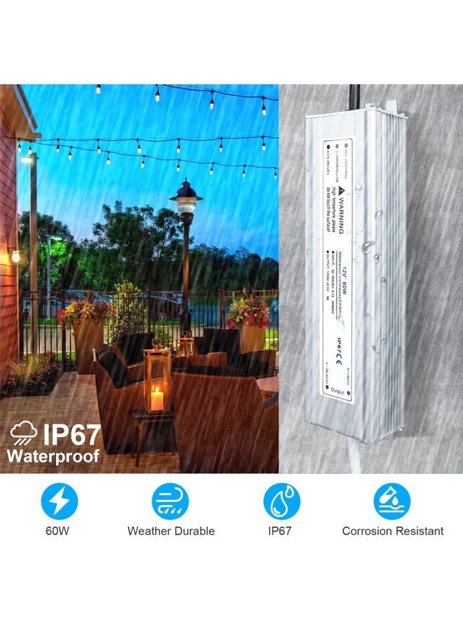 LightingWill Waterproof IP67 LED Power Supply Driver Transformer 60W 220V AC to 12V DC Low Voltage Output with 3-Prong UK Plug 3.3 Feet Cable for Outdoor Use - Image 4