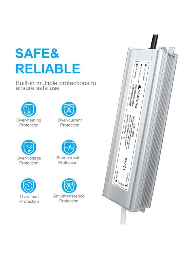 LightingWill Waterproof IP67 LED Power Supply Driver Transformer 60W 220V AC to 12V DC Low Voltage Output with 3-Prong UK Plug 3.3 Feet Cable for Outdoor Use - Image 2