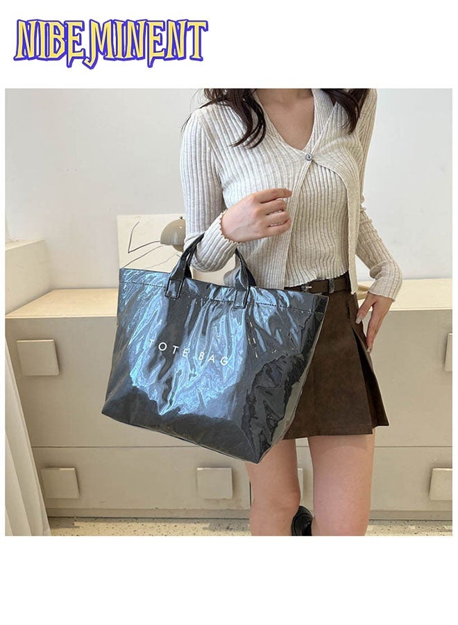 NIBEMINENT PVC Tote Bag Women's Letters Print Large Kraft Paper Carry All Bag Top Handle Clear Hobo Handbag - Image 2