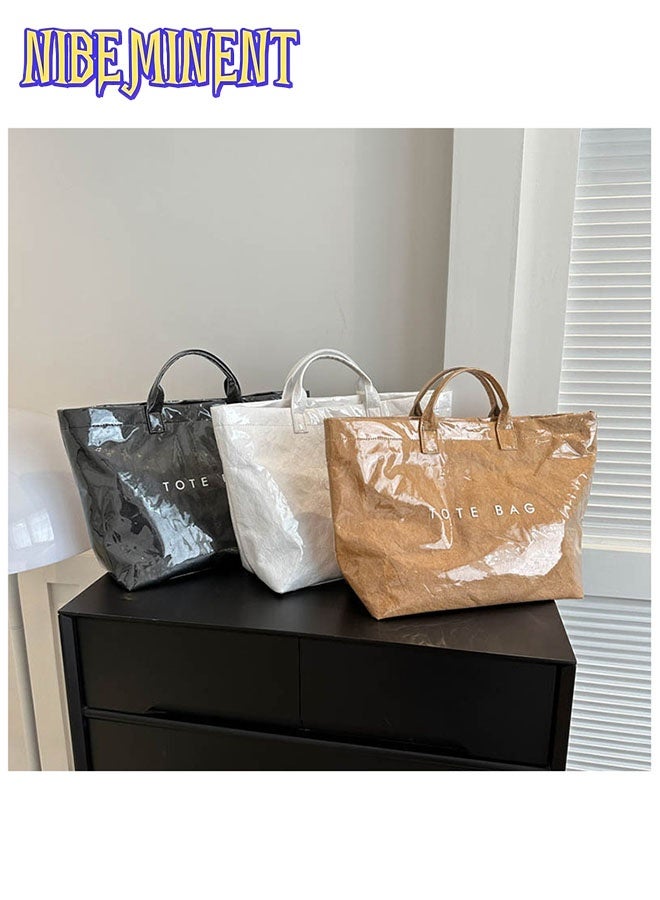 NIBEMINENT PVC Tote Bag Women's Letters Print Large Kraft Paper Carry All Bag Top Handle Clear Hobo Handbag - Image 4