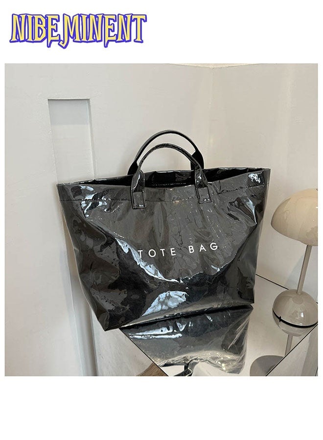 NIBEMINENT PVC Tote Bag Women's Letters Print Large Kraft Paper Carry All Bag Top Handle Clear Hobo Handbag - Image 1