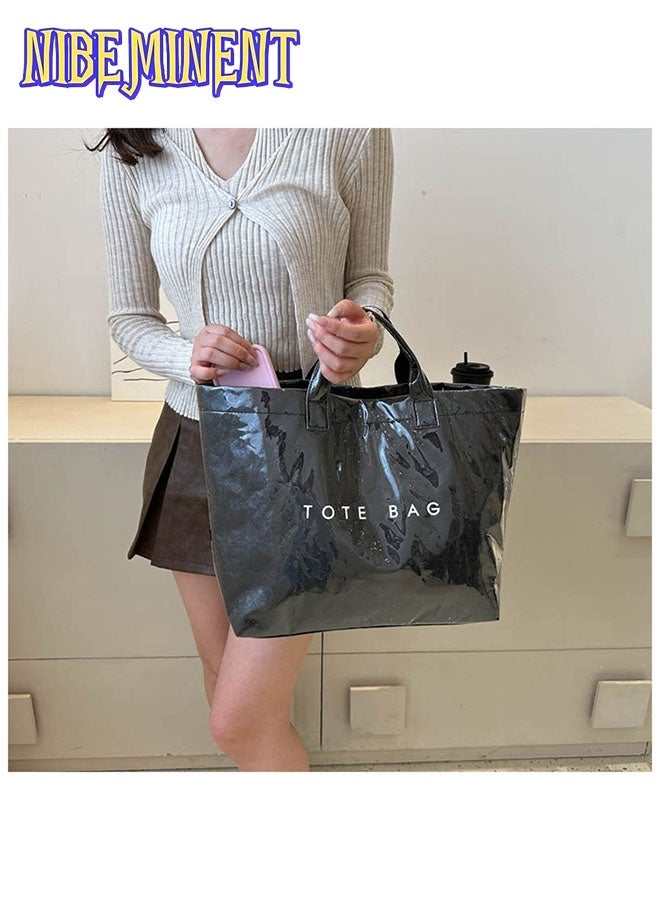 NIBEMINENT PVC Tote Bag Women's Letters Print Large Kraft Paper Carry All Bag Top Handle Clear Hobo Handbag - Image 3