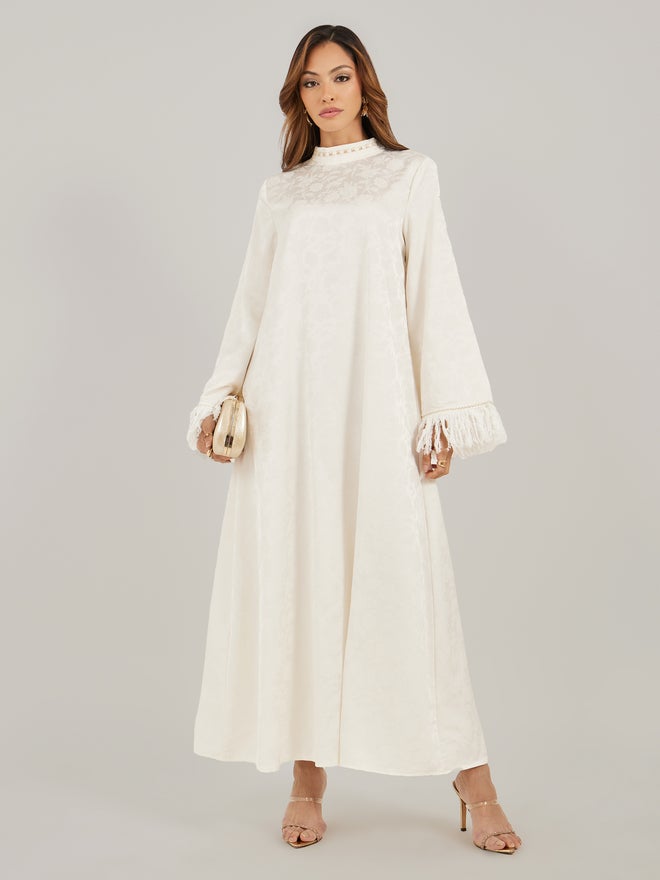 Styli Amirah Jacquard Stand Collared Jalabiya with Tassel Trim  - Image 2