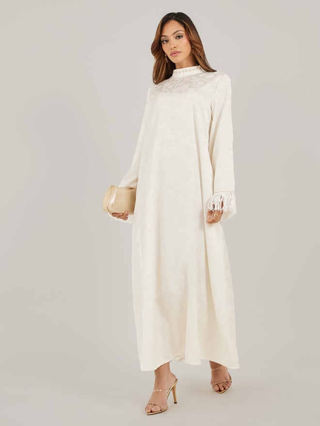 Styli Amirah Jacquard Stand Collared Jalabiya with Tassel Trim  - Image 1