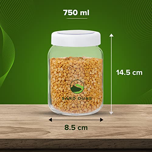 SAND DUNE Set of 2, 750ml Each Storage Glass Jar White Plastic Cap, Transparent | BPA Free | Storage Jar Containers for Kitchen Pantry for Cookies, Dry Fruits, Masala, Spices, cereal, and flour - Image 4