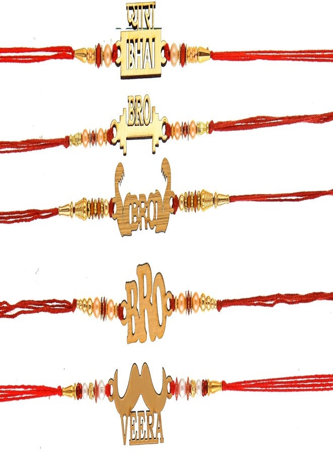 Bindian Wooden BRO Fancy Rakhi (Set of 5) - Pyara Bhai, Bro, Veera Designs with Red Thread & Wooden Designs - Raksha Bandhan Gift Rakhi for Bhaiya, Bhabhi, Sibling - Indian Festival Rakhi Set - Image 1