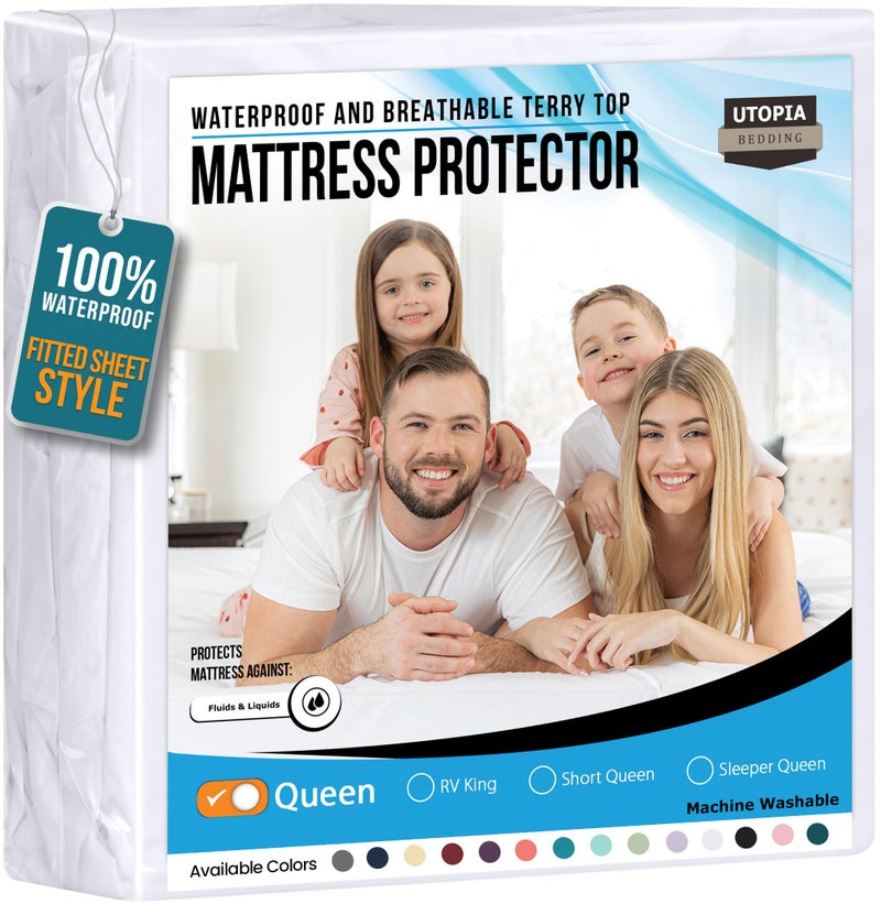Utopia Bedding Waterproof Mattress Protector Queen Size, Premium Terry Mattress Cover 200 GSM, Breathable, Fitted Style with Stretchable Pockets (White) - Image 1