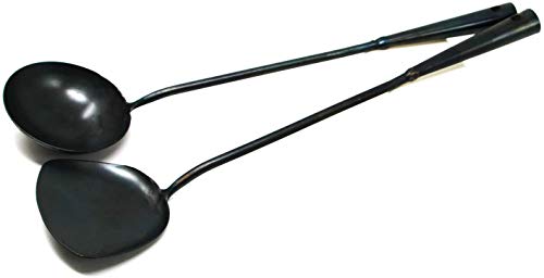 SERENITA Traditional Hand Hammered Forged Wok Ladle Spatula Set Protects Chinese Hammered Wok No harmful coating Nonstick with long forged handle 1675 Inch