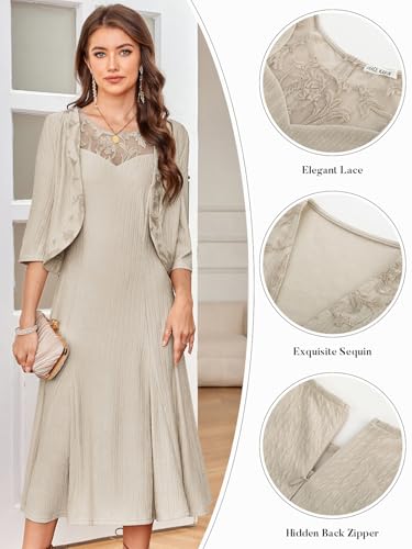 GRACE KARIN Women 2 Piece Midi Dress Stretchy Mother of The Bride Dress with 3/4 Sleeve Coat Spring Dress Apricot L - Image 3