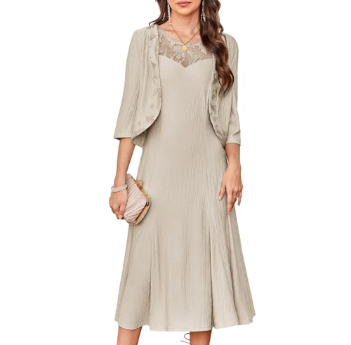 GRACE KARIN Women 2 Piece Midi Dress Stretchy Mother of The Bride Dress with 3/4 Sleeve Coat Spring Dress Apricot L - Image 1