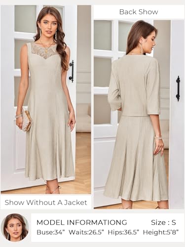 GRACE KARIN Women 2 Piece Midi Dress Stretchy Mother of The Bride Dress with 3/4 Sleeve Coat Spring Dress Apricot L - Image 2