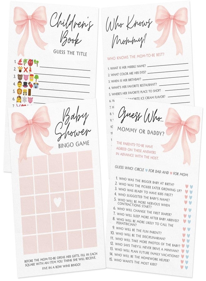 Printed Party Baby Shower Games for Girl - Pink Bow Design, Set of 4 Fun Activities for 30 Guests, Includes Bingo, Emoji Game, Guess Who, and Who Knows Mommy - Image 1