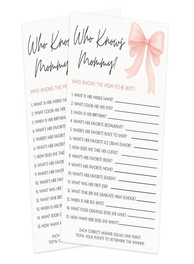 Printed Party Baby Shower Games for Girl - Pink Bow Design, Set of 4 Fun Activities for 30 Guests, Includes Bingo, Emoji Game, Guess Who, and Who Knows Mommy - Image 5